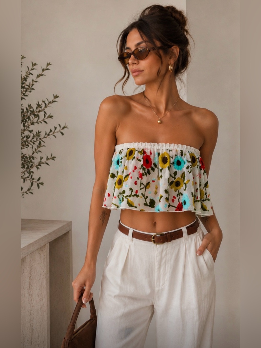 Judith March Floral Embroidered Off-The-Shoulder Ruffle Crop Top (Medium)